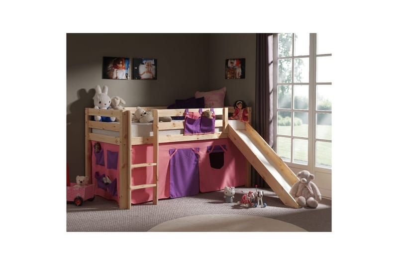 Keskikorkea sänky, jossa verho ja liukumäki Pino Luonnollinen, Bella - Luonnollinen, Bella - Huonekalut - Lasten kalusteet - Lastensängyt & juniorisängyt - Talos änky
