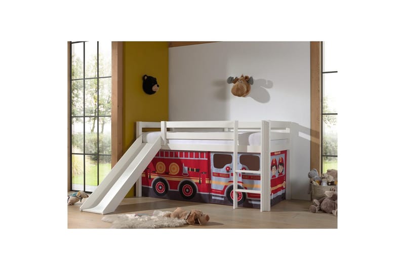 Keskikorkea sänky, jossa verho ja liukumäki Pino Valkoinen, Paloauto - Valkoinen, Paloauto - Huonekalut - Sänky - Kerrossängyt