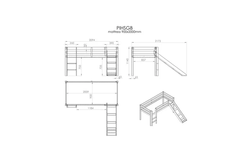 Keskikorkea sänky, jossa verho ja liukumäki Pino Harmaa, Lemmikkikauppa - Harmaa, Lemmikkikauppa - Huonekalut - Sänky - Kerrossängyt