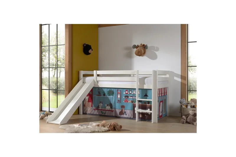 Keskikorkea sänky, jossa verho ja liukumäki Pino Valkoinen, Lemmikkikauppa - Valkoinen, Lemmikkikauppa - Huonekalut - Sänky - Kerrossängyt