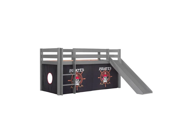 Keskikorkea sänky, jossa verho ja liukumäki Pino Harmaa, Merirosvo - Harmaa, Merirosvo - Huonekalut - Sänky - Kerrossängyt