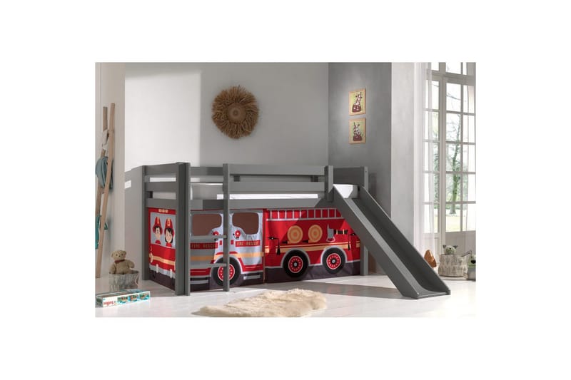 Keskikorkea sänky, jossa verho ja liukumäki Pino Harmaa, Paloauto - Harmaa, Paloauto - Huonekalut - Sänky - Kerrossängyt