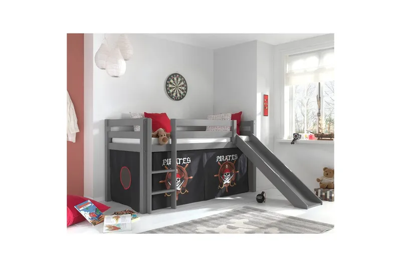 Keskikorkea sänky, jossa verho ja liukumäki Pino Harmaa, Merirosvo - Harmaa, Merirosvo - Huonekalut - Sänky - Kerrossängyt