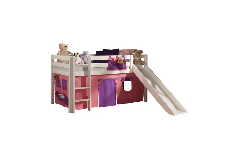 Keskikorkea sänky, jossa verho ja liukumäki Pino Valkoinen, Bella, Valkoinen, Bella