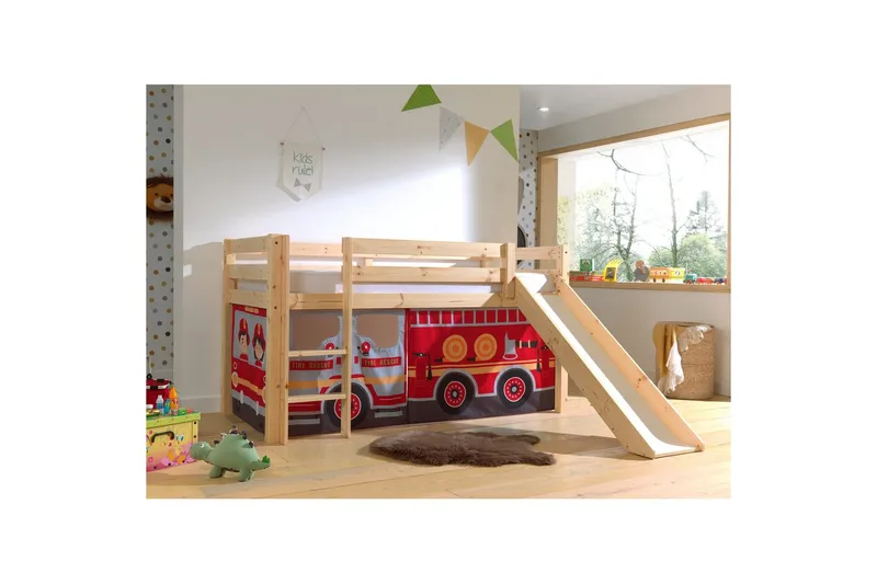 Keskikorkea sänky, jossa verho ja liukumäki Pino Luonnollinen, Paloauto - Luonnollinen, Paloauto - Huonekalut - Sänky - Kerrossängyt