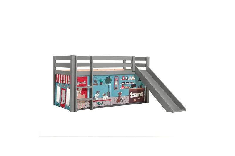 Keskikorkea sänky, jossa verho ja liukumäki Pino Harmaa, Lemmikkikauppa - Harmaa, Lemmikkikauppa - Huonekalut - Sänky - Kerrossängyt