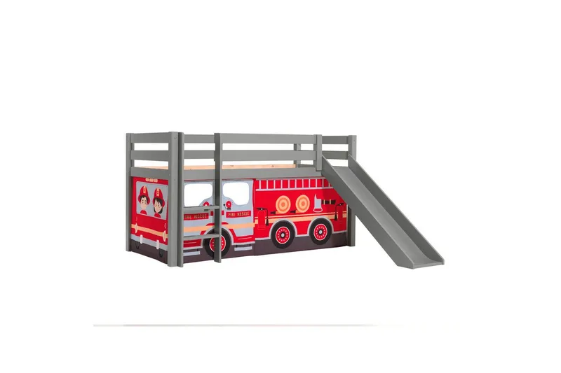 Keskikorkea sänky, jossa verho ja liukumäki Pino Harmaa, Paloauto - Harmaa, Paloauto - Huonekalut - Sänky - Kerrossängyt