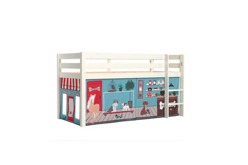 Keskikorkea sänky, jossa verho Pino Valkoinen, Lemmikkikauppa - Valkoinen, Lemmikkikauppa - Huonekalut - Sänky - Kerrossängyt