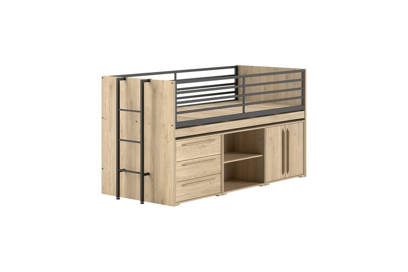 Keskikorkea sänky, kirjahylly, kaappi, jossa 2 ovea ja lipasto, jossa 3 laatikkoa Sam Tammi, Tammi