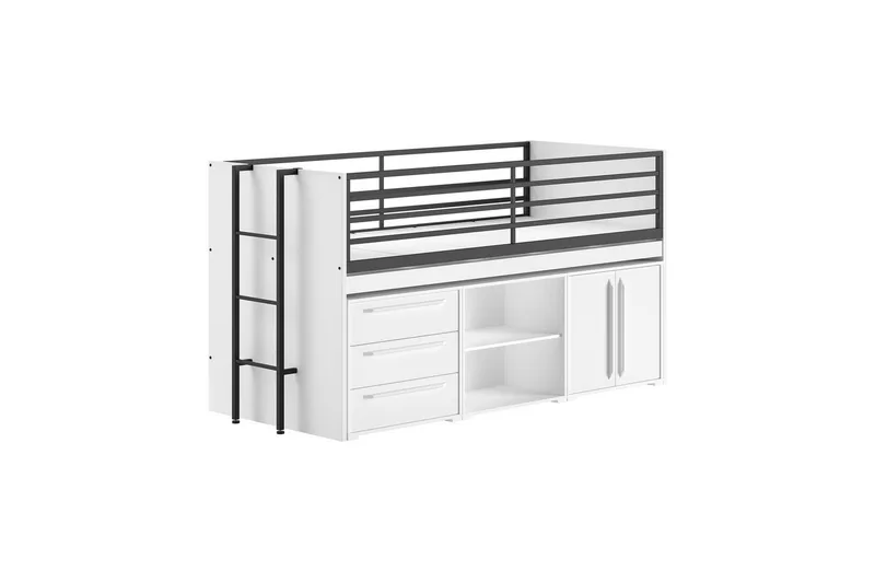 Keskikorkea sänky, kirjahylly, kaappi, jossa 2 ovea ja lipasto, jossa 3 laatikkoa Sam Valkoinen, Valkoinen