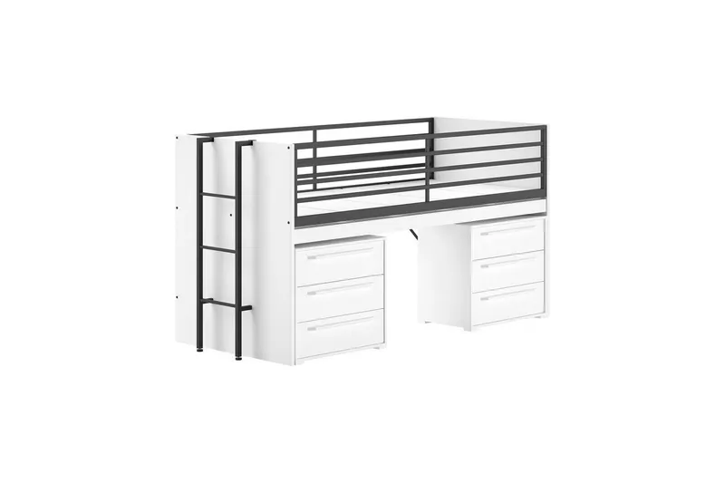 Keskikorkea sänky ja 2 lipastoa, joissa 3 laatikkoa Sam Valkoinen, Valkoinen