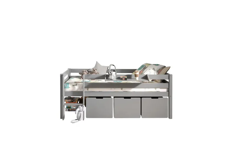 Keskikorkea sänky tikkailla ja laatikoilla Pino Harmaa, 3 kappaleen sarja, Riippuvalla hyllyllä - Harmaa, 3 kappaleen sarja, Riippuvalla hyllyllä - Huonekalut - Sänky - Kerrossängyt