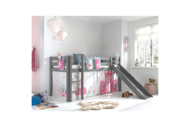 Keskikorkea sänky verholla Pino Prinsessa Harmaa, Harmaa, Liukumäellä, Ilman tunnelia, 3 - Harmaa, Harmaa, Liukumäellä, Ilman tunnelia, 3 - Huonekalut - Sänky - Kerrossängyt