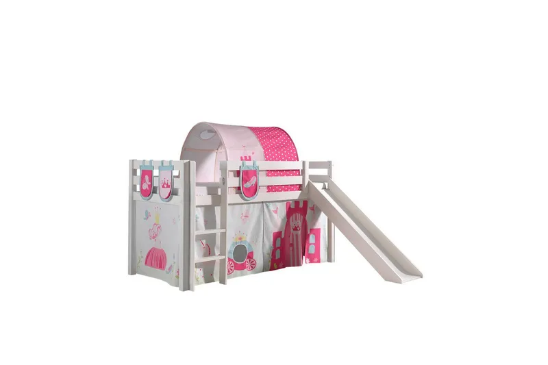 Keskikorkea sänky verholla Pino Prinsessa Valkoinen, Valkoinen, Liukumäellä, Prinsessa, 3, Valkoinen, Valkoinen, Liukumäellä, Prinsessa, 3