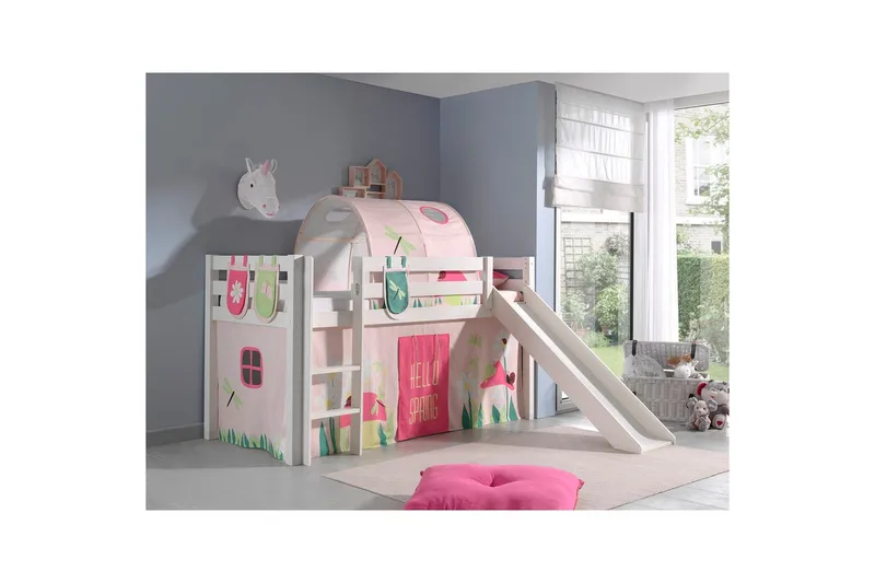 Keskikorkea sänky verholla Pino Kevät Valkoinen, Valkoinen, Liukumäellä, Kevät, Jousi, 3 - Valkoinen, Valkoinen, Liukumäellä, Kevät, Jousi, 3 - Huonekalut - Sänky - Kerrossängyt