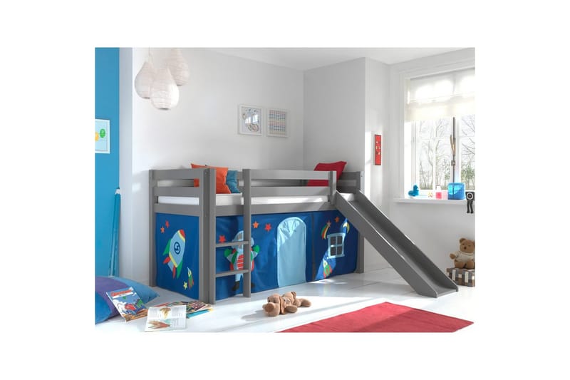 Keskikorkea sänky verholla Pino Astro Harmaa, Harmaa, Liukumäellä, Ilman tunnelia, Ei taskuja - Harmaa, Harmaa, Liukumäellä, Ilman tunnelia, Ei taskuja - Huonekalut - Sänky - Kerrossängyt