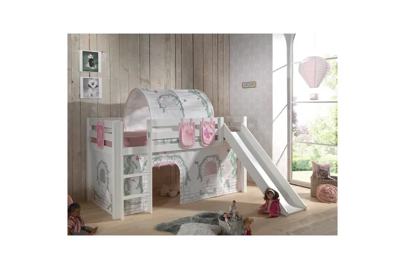 Keskikorkea sänky verholla Pino Birdy Valkoinen, Valkoinen, Liukumäellä, Birdy, 3 - Valkoinen, Valkoinen, Liukumäellä, Birdy, 3 - Huonekalut - Sänky - Kerrossängyt