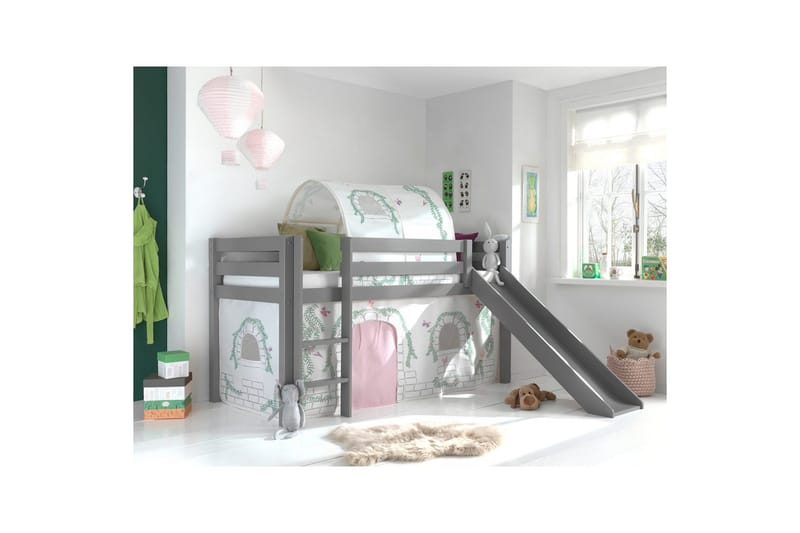 Keskikorkea sänky verholla Pino Birdy Harmaa, Harmaa, Liukumäellä, Birdy, Ei taskuja - Harmaa, Harmaa, Liukumäellä, Birdy, Ei taskuja - Huonekalut - Sänky - Kerrossängyt