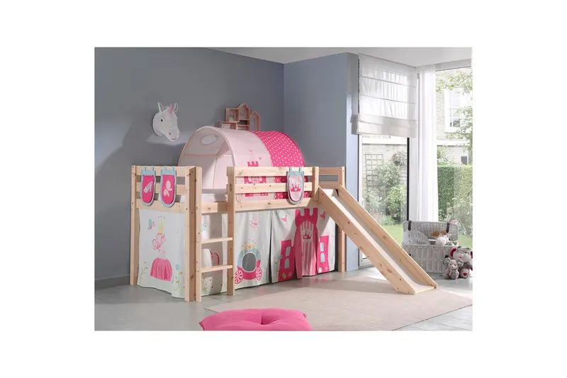 Keskikorkea sänky verholla Pino Prinsessa Luonnollinen, Luonnollinen, Liukumäellä, Prinsessa, 3 - Luonnollinen, Luonnollinen, Liukumäellä, Prinsessa, 3 - Huonekalut - Sänky - Kerrossängyt