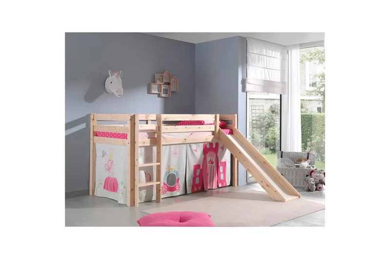 Keskikorkea sänky verholla Pino Prinsessa Luonnollinen, Luonnollinen, Liukumäellä, Ei tunnelia, Ei taskuja - Luonnollinen, Luonnollinen, Liukumäellä, Ei tunnelia, Ei taskuja - Huonekalut - Sänky - Kerrossängyt