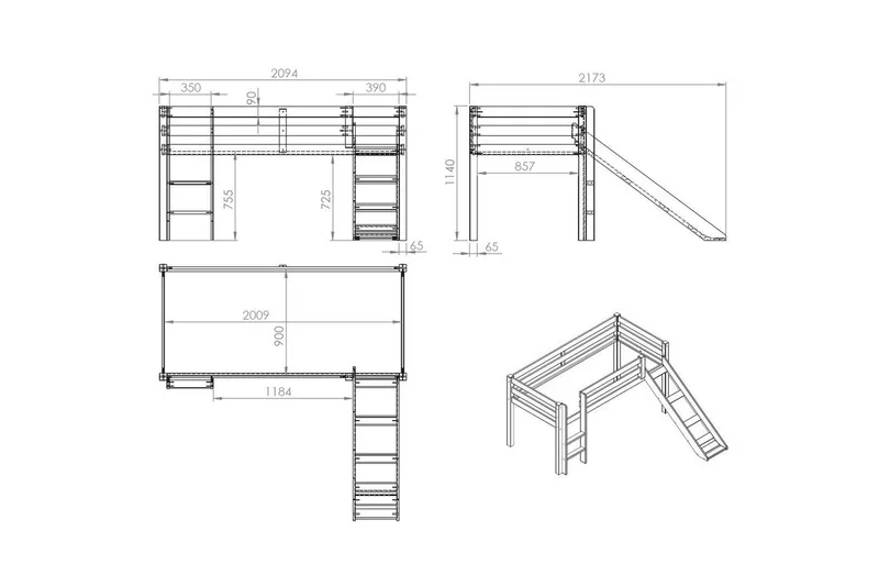 Keskikorkea sänky verholla Pino Kevät Luonnollinen, Luonnollinen, Liukumäellä, Ilman tunnelia, Ilman taskuja - Luonnollinen, Luonnollinen, Liukumäellä, Ilman tunnelia, Ilman taskuja - Huonekalut - Sänky - Kerrossängyt