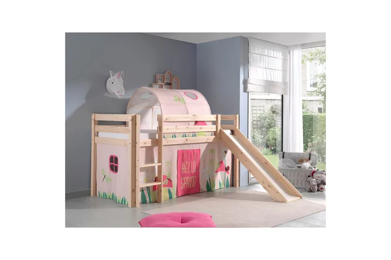 Keskikorkea sänky verholla Pino Kevät Luonnollinen, Luonnollinen, Liukumäellä, Kevät, Jousi, Ilman taskuja - Luonnollinen, Luonnollinen, Liukumäellä, Kevät, Jousi, Ilman taskuja - Huonekalut - Sänky - Kerrossängyt