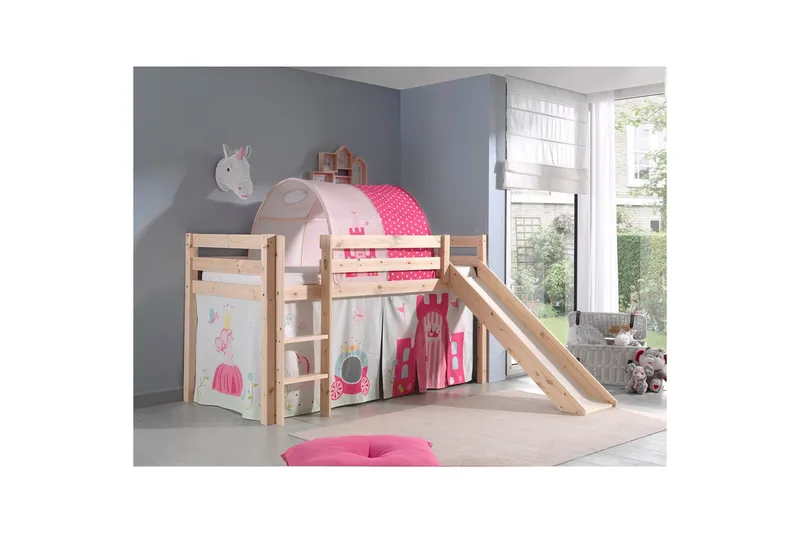 Keskikorkea sänky verholla Pino Prinsessa Luonnollinen, Luonnollinen, Liukumäellä, Prinsessa, Ei taskuja - Luonnollinen, Luonnollinen, Liukumäellä, Prinsessa, Ei taskuja - Huonekalut - Sänky - Kerrossängyt