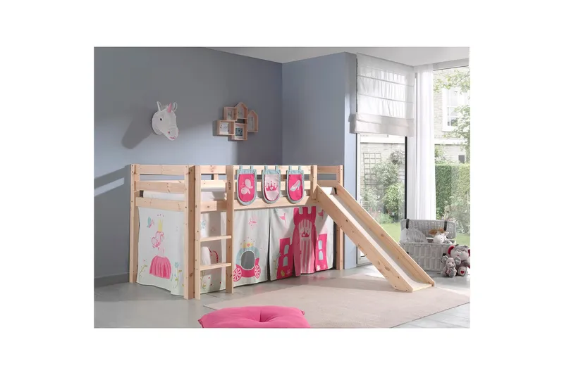 Keskikorkea sänky verholla Pino Prinsessa Luonnollinen, Luonnollinen, Liukumäellä, Ilman tunnelia, 3 - Luonnollinen, Luonnollinen, Liukumäellä, Ilman tunnelia, 3 - Huonekalut - Sänky - Kerrossängyt