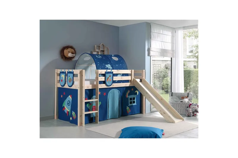 Keskikorkea sänky verholla Pino Astro Luonnollinen, Luonnollinen, Liukumäellä, Tunnelin kanssa, Tunnelein, 3 - Luonnollinen, Luonnollinen, Liukumäellä, Tunnelin kanssa, Tunnelein, 3 - Huonekalut - Sänky - Kerrossängyt