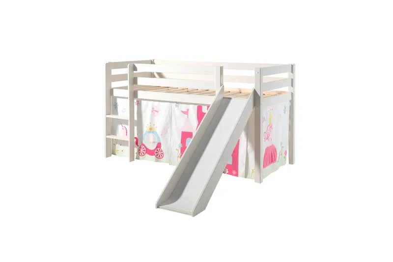 Keskikorkea sänky verholla Pino Prinsessa Valkoinen, Valkoinen, Liukumäellä, Ilman tunnelia, Ei taskuja - Valkoinen, Valkoinen, Liukumäellä, Ilman tunnelia, Ei taskuja - Huonekalut - Sänky - Kerrossängyt