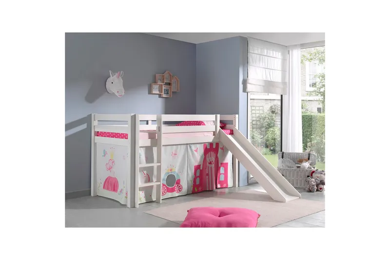 Keskikorkea sänky verholla Pino Prinsessa Valkoinen, Valkoinen, Liukumäellä, Ilman tunnelia, Ei taskuja - Valkoinen, Valkoinen, Liukumäellä, Ilman tunnelia, Ei taskuja - Huonekalut - Sänky - Kerrossängyt