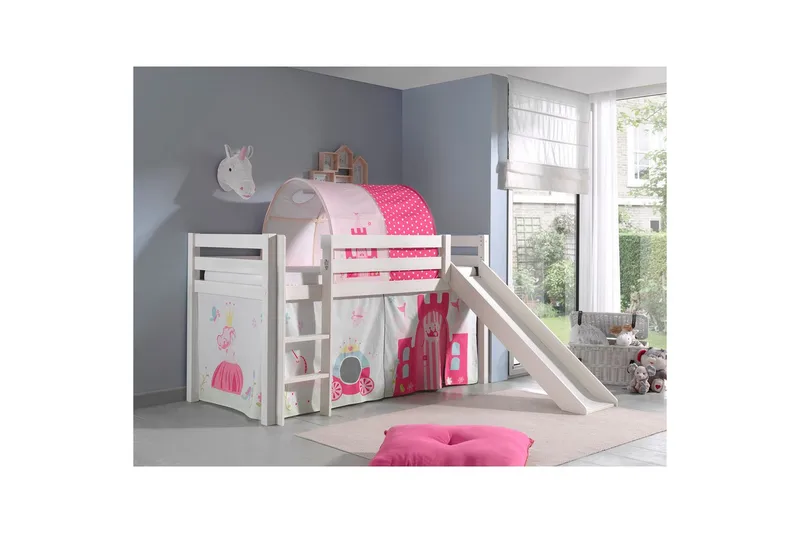 Keskikorkea sänky verholla Pino Prinsessa Valkoinen, Valkoinen, Liukumäellä, Prinsessa, Ei taskuja - Valkoinen, Valkoinen, Liukumäellä, Prinsessa, Ei taskuja - Huonekalut - Sänky - Kerrossängyt