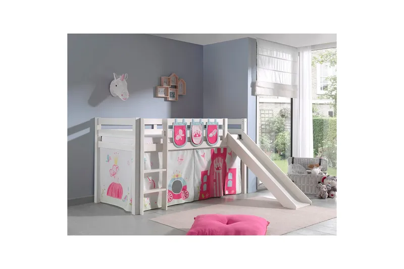 Keskikorkea sänky verholla Pino Prinsessa Valkoinen, Valkoinen, Liukumäellä, Ilman tunnelia, 3 - Valkoinen, Valkoinen, Liukumäellä, Ilman tunnelia, 3 - Huonekalut - Sänky - Kerrossängyt