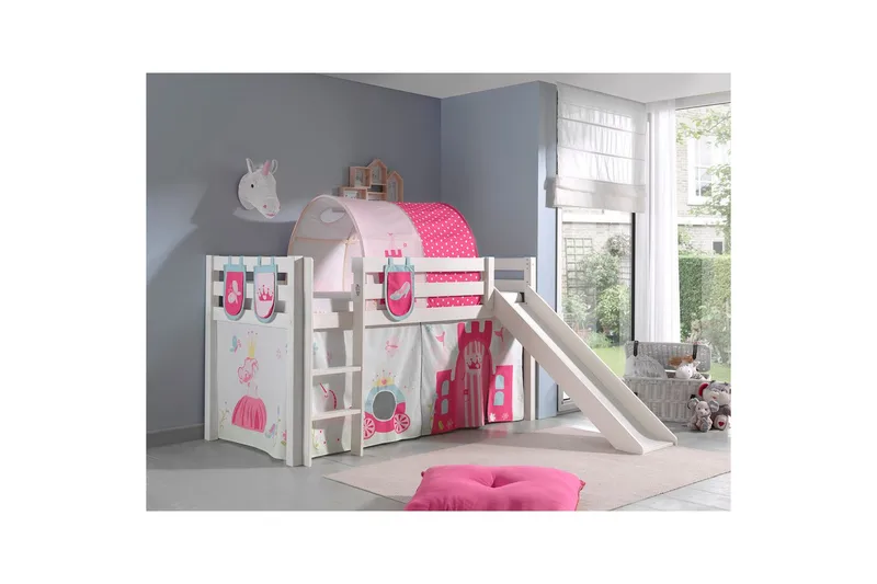 Keskikorkea sänky verholla Pino Prinsessa Valkoinen, Valkoinen, Liukumäellä, Prinsessa, 3 - Valkoinen, Valkoinen, Liukumäellä, Prinsessa, 3 - Huonekalut - Sänky - Kerrossängyt