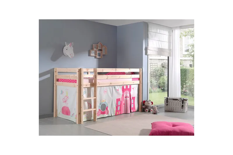 Keskikorkea sänky verholla Pino Prinsessa Luonnollinen, Luonnollinen, Ilman liukumäkeä, Ilman tunnelia, Ei taskuja - Luonnollinen, Luonnollinen, Ilman liukumäkeä, Ilman tunnelia, Ei taskuja - Huonekalut - Sänky - Kerrossängyt