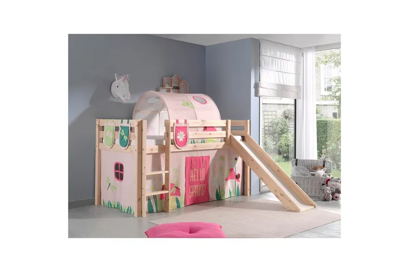 Keskikorkea sänky verholla Pino Kevät Luonnollinen, Luonnollinen, Liukumäellä, Kevät, Jousi, 3 - Luonnollinen, Luonnollinen, Liukumäellä, Kevät, Jousi, 3 - Huonekalut - Sänky - Kerrossängyt