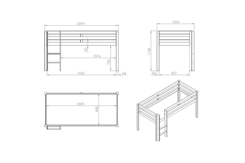 Keskikorkea sänky verholla Pino Prinsessa Valkoinen, Valkoinen, Ilman liukumäkeä, Ilman tunnelia, 3 - Valkoinen, Valkoinen, Ilman liukumäkeä, Ilman tunnelia, 3 - Huonekalut - Sänky - Kerrossängyt