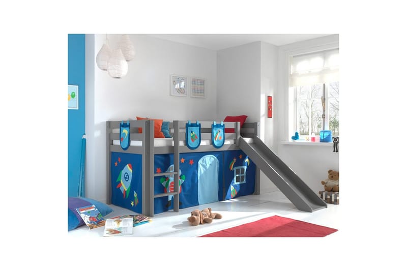 Keskikorkea sänky verholla Pino Astro Harmaa, Harmaa, Liukumäellä, Ilman tunnelia, 3 - Harmaa, Harmaa, Liukumäellä, Ilman tunnelia, 3 - Huonekalut - Sänky - Kerrossängyt