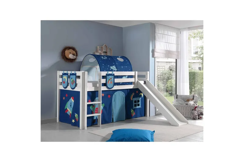 Keskikorkea sänky verholla Pino Astro Valkoinen, Valkoinen, Liukumäellä, Tunnelein, Tunnelin kanssa, 3 - Valkoinen, Valkoinen, Liukumäellä, Tunnelein, Tunnelin kanssa, 3 - Huonekalut - Sänky - Kerrossängyt