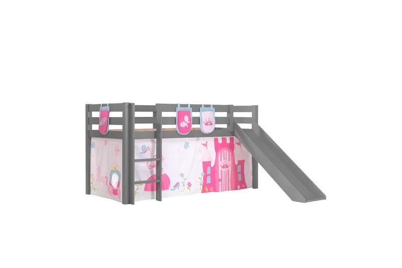 Keskikorkea sänky verholla Pino Prinsessa Harmaa, Harmaa, Liukumäellä, Ilman tunnelia, 3 - Harmaa, Harmaa, Liukumäellä, Ilman tunnelia, 3 - Huonekalut - Sänky - Kerrossängyt