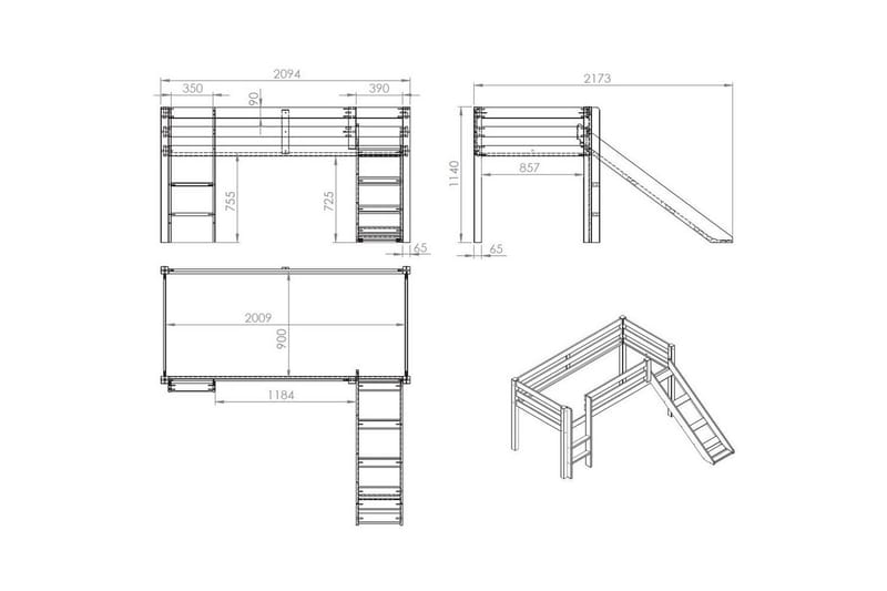 Keskikorkea sänky verholla Pino Kevät Luonnollinen, Luonnollinen, Liukumäellä, Ilman tunnelia, Ilman taskuja - Luonnollinen, Luonnollinen, Liukumäellä, Ilman tunnelia, Ilman taskuja - Huonekalut - Sänky - Kerrossängyt
