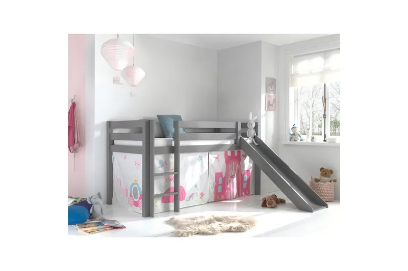 Keskikorkea sänky verholla Pino Prinsessa Harmaa, Harmaa, Liukumäellä, Ilman tunnelia, Ei taskuja - Harmaa, Harmaa, Liukumäellä, Ilman tunnelia, Ei taskuja - Huonekalut - Sänky - Kerrossängyt