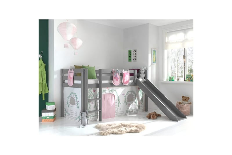 Keskikorkea sänky verholla Pino Birdy Harmaa, Harmaa, Liukumäellä, Ilman tunnelia, 3 - Harmaa, Harmaa, Liukumäellä, Ilman tunnelia, 3 - Huonekalut - Sänky - Kerrossängyt