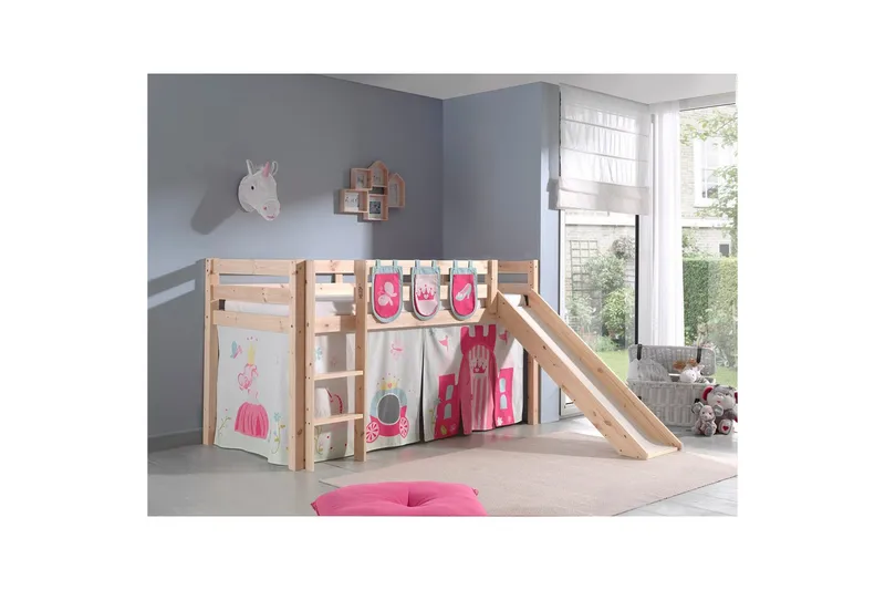 Keskikorkea sänky verholla Pino Prinsessa Luonnollinen, Luonnollinen, Liukumäellä, Ilman tunnelia, 3 - Luonnollinen, Luonnollinen, Liukumäellä, Ilman tunnelia, 3 - Huonekalut - Sänky - Kerrossängyt