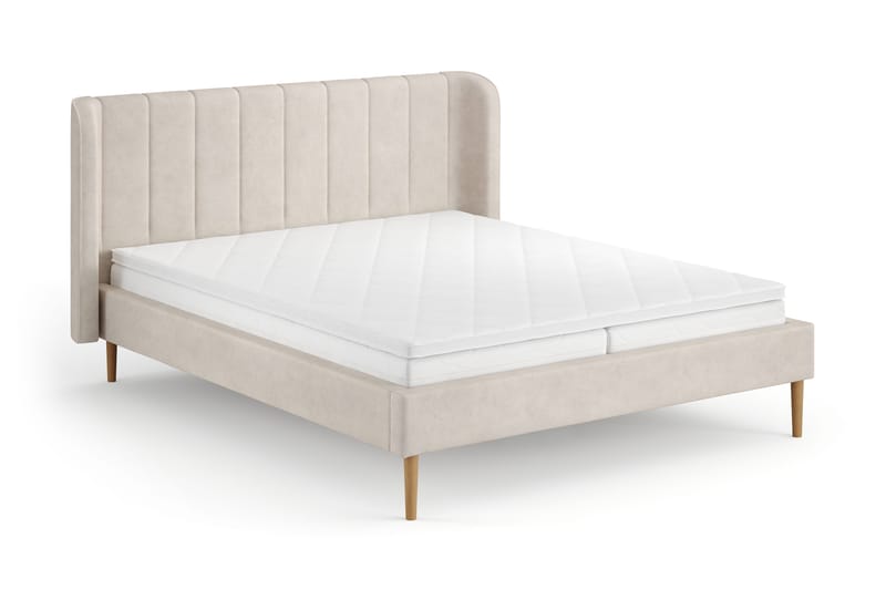 Nattljus-sängynrunko 160x200 cm tammi, HVILA pocket-jousitpatja ja käännettävä petauspatja (kesä- ja talvipuoli), pestävä päällinen, Beige