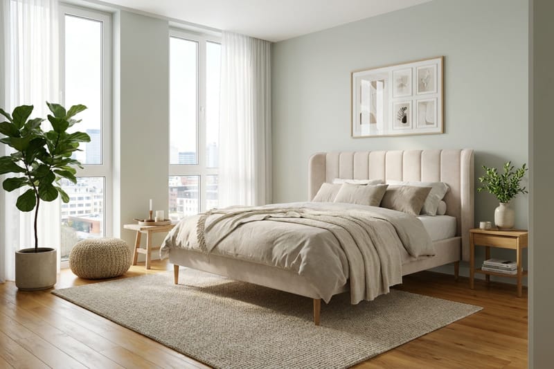 Nattljus-sängynrunko 160x200 cm tammi, HVILA pocket-jousitpatja ja käännettävä petauspatja (kesä- ja talvipuoli), pestävä päällinen - Beige - Huonekalut - Sänky - Sänkykehikot & sängynrungot