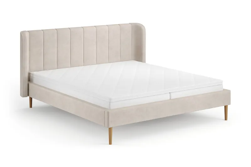 Nattljus-sänkyrunko 180x200 cm tammi, HVILA-jousipatja ja käännettävä petauspatja (kesä- ja talvipuoli), pestävä päällinen, Beige