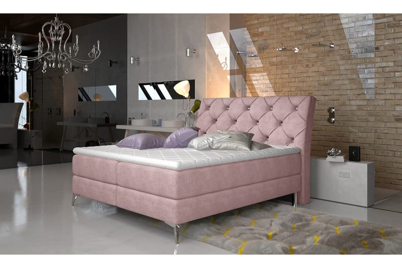 Comine sänkypaketti – sängynrunko 160x200 cm kangasta sängynpäädyllä + petauspatja, Vaaleanpunainen