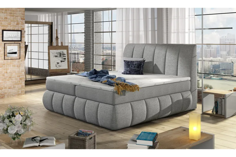 Fabara sänkypaketti – sängynrunko 180x200 cm kangasta ja sängynpääty + petauspatja, Harmaa