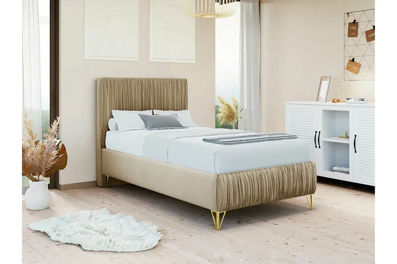 Gortin sänkypaketti – sängynrunko 90x200 cm samettia sängynpäädyllä + petauspatja - Beige - Huonekalut - Sänky - Yhden hengen sängyt